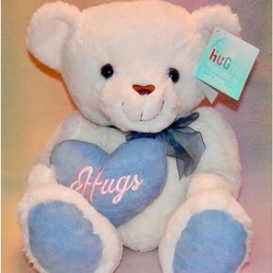 HUG ME WHITE TEDDY  BEAR * WITH BROWN NOSE * BIG EYES * BLUE HEART 14”